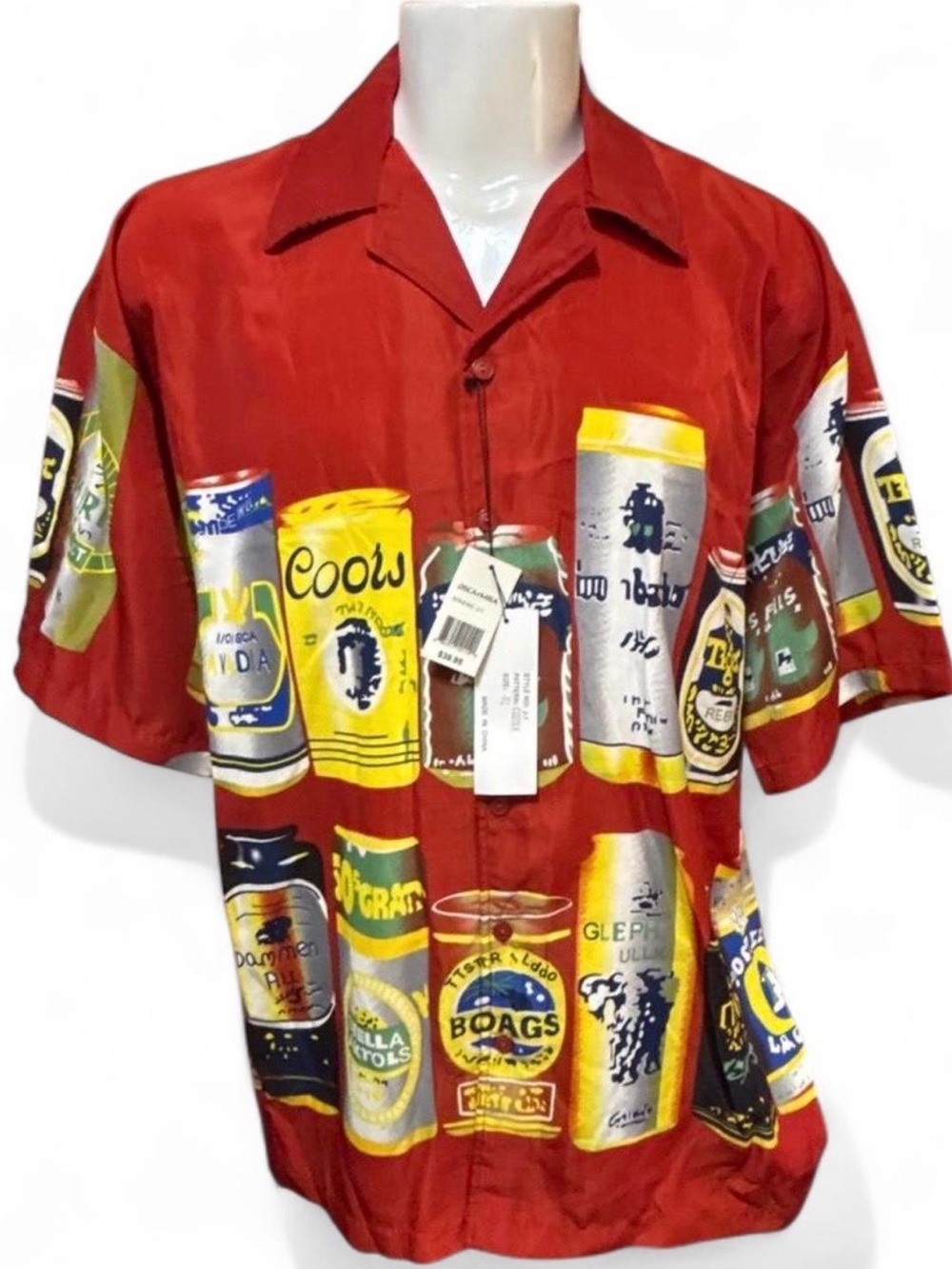 Oscar Misa Red Short-Sleeve Button-Down Shirt with Beverage Can Print Y2K